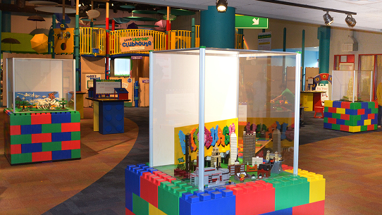 A wide shot of the Bricksburgh exhibit at Kamin Science Center.