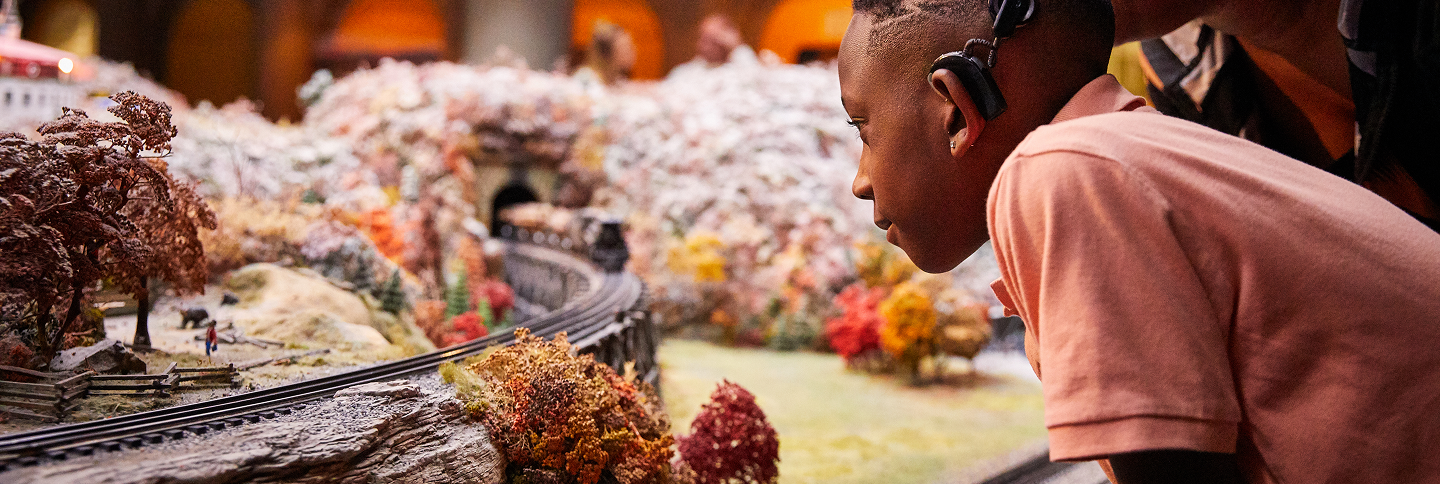 A boy staring intently at train coming through a mountain in the Miniature Railroad & Village exhibit.