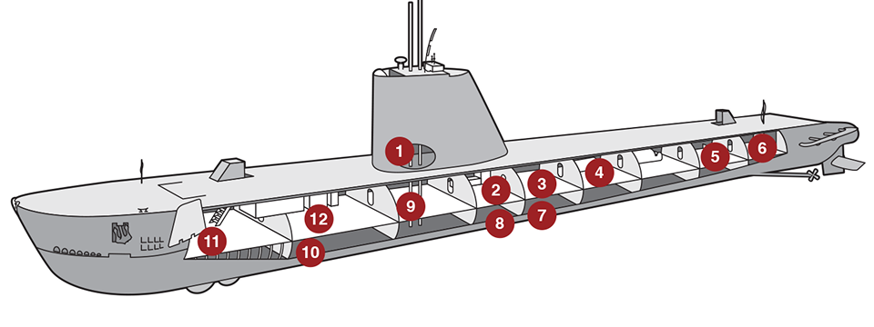 An illustration showing the cross section of a submarine