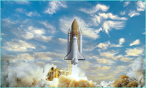 A space shuttle blasting off.
