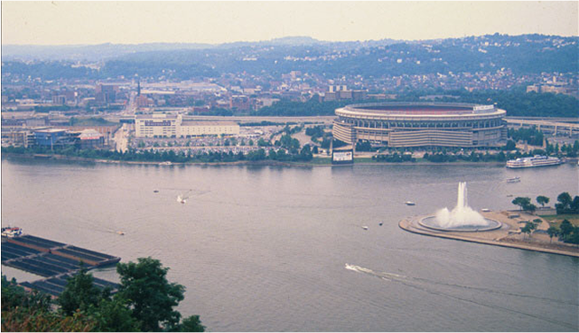An image of the Science Center when it stood next to Three Rivers Stadium.
