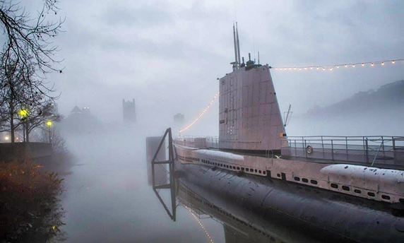 USS Requin submarine on a foggy morning.