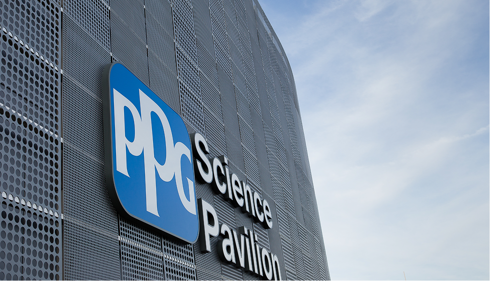 PPG Science Pavilion sign on the exterior of the Kamin Science Center